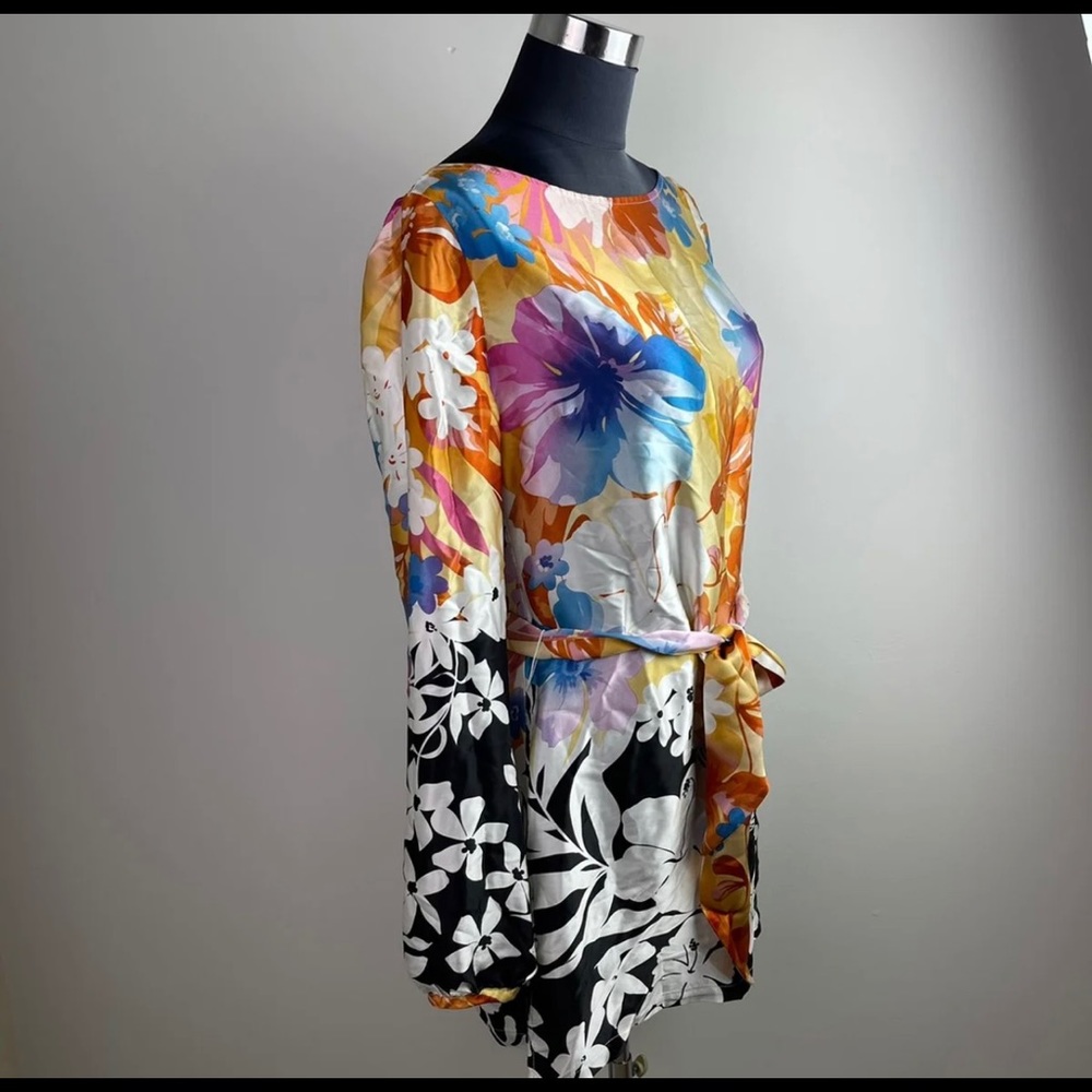Caché Floral Print Multicolor Long Sleeve Scoop Neck Silk Blouse Size M - Picture 4 of 9